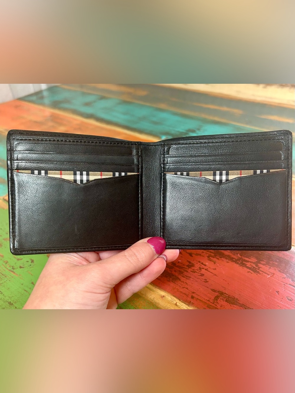Vintage Burberry Black Leather Bifold Wallet Nova Check Interior EUC with COA - Picture 8 of 16